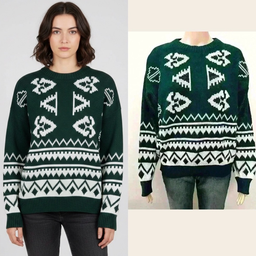Vintage Bohemian Oversized Multicolored Green Pattern  Crew Neck Sweater jumper